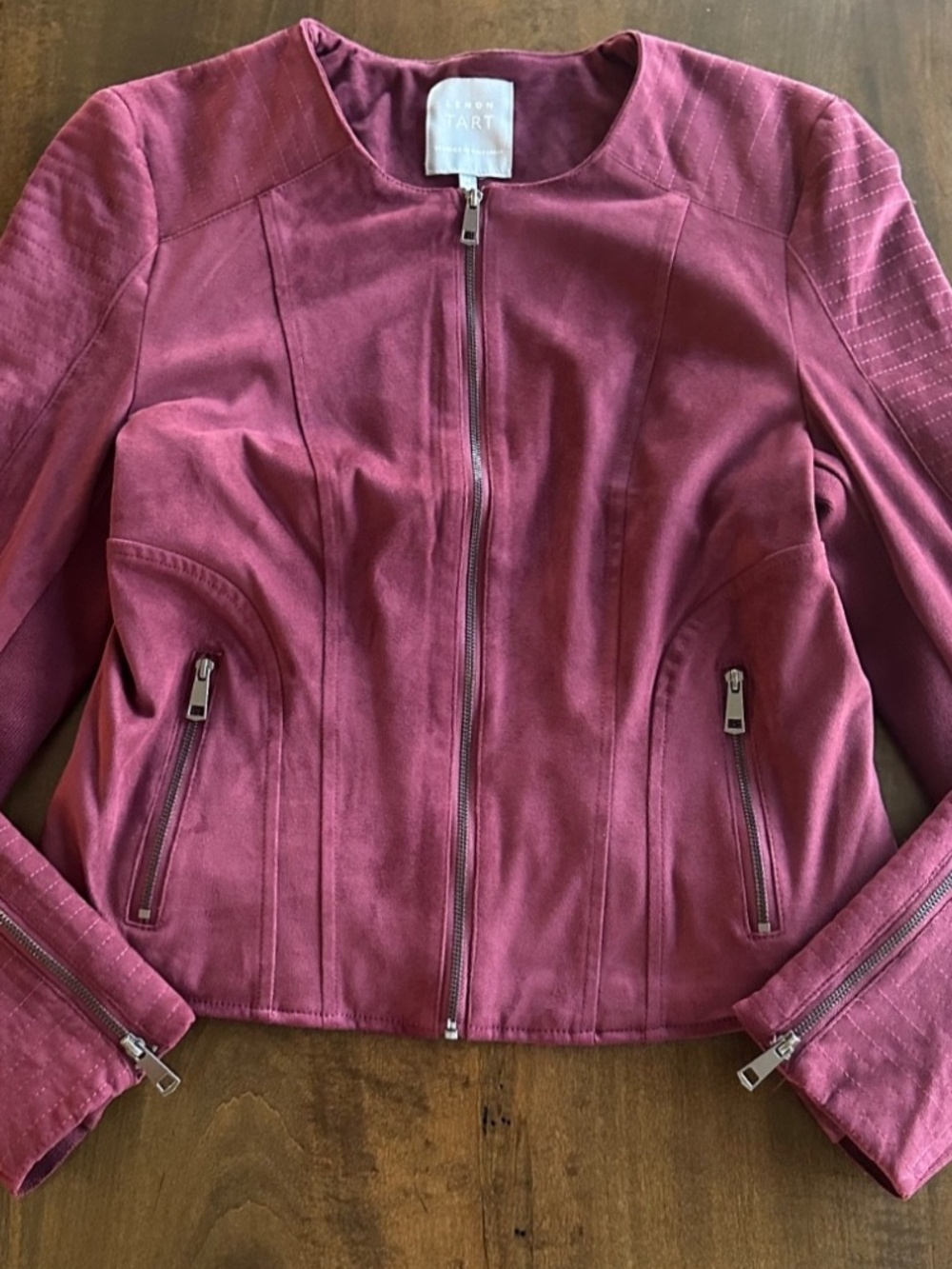 Lemon Tart Burgundy Faux Suede Moto Style Tailored Jacket Women's Sz Medium NEW